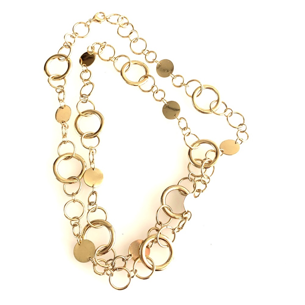 Gold circles and discs long necklace loop d loop